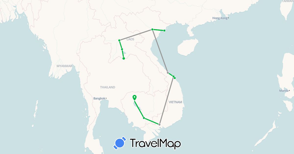 TravelMap itinerary: driving, bus, plane in Cambodia, Laos, Vietnam (Asia)
